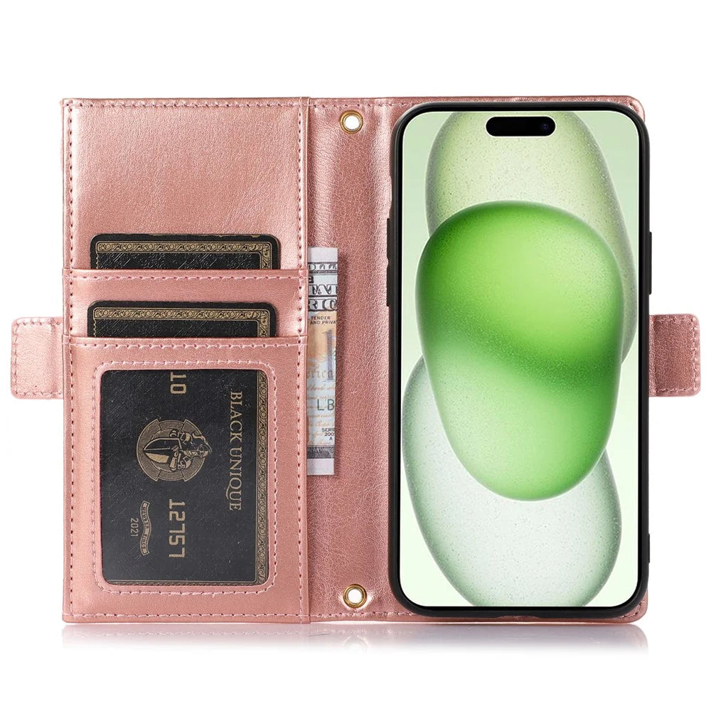 For iPhone 15 Plus Case Zipper Pocket Litchi Texture PU Leather Phone Cover with Strap - Pink - 2