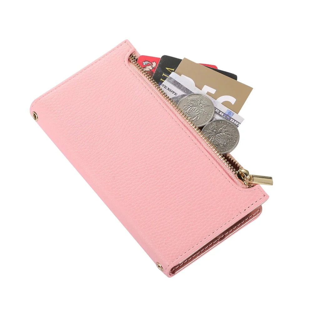 For iPhone 15 Plus Case Zipper Pocket Litchi Texture PU Leather Phone Cover with Strap - Pink - 4