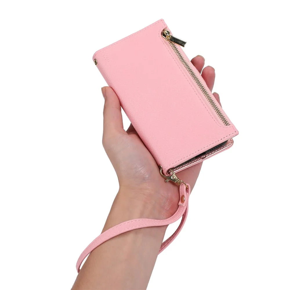 For iPhone 15 Plus Case Zipper Pocket Litchi Texture PU Leather Phone Cover with Strap - Pink - 5