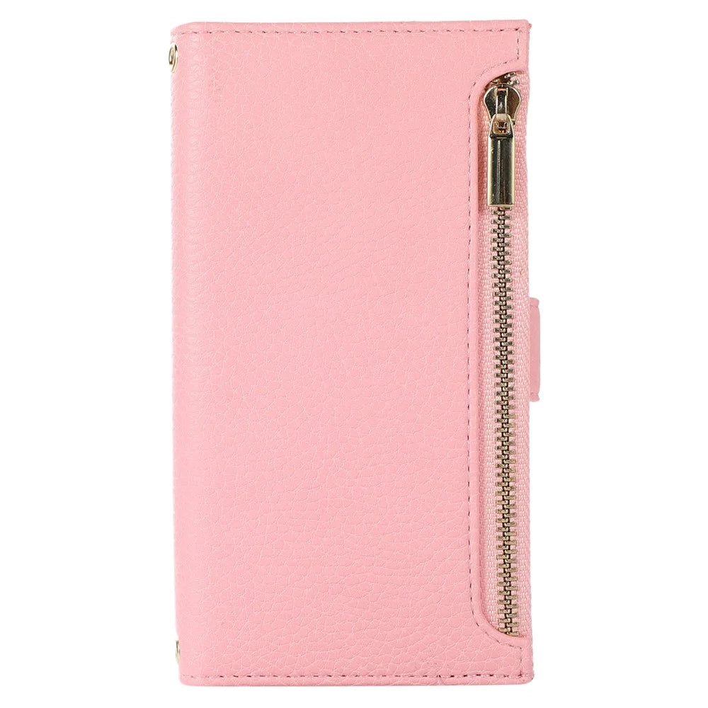 For iPhone 15 Plus Case Zipper Pocket Litchi Texture PU Leather Phone Cover with Strap - Pink - 6