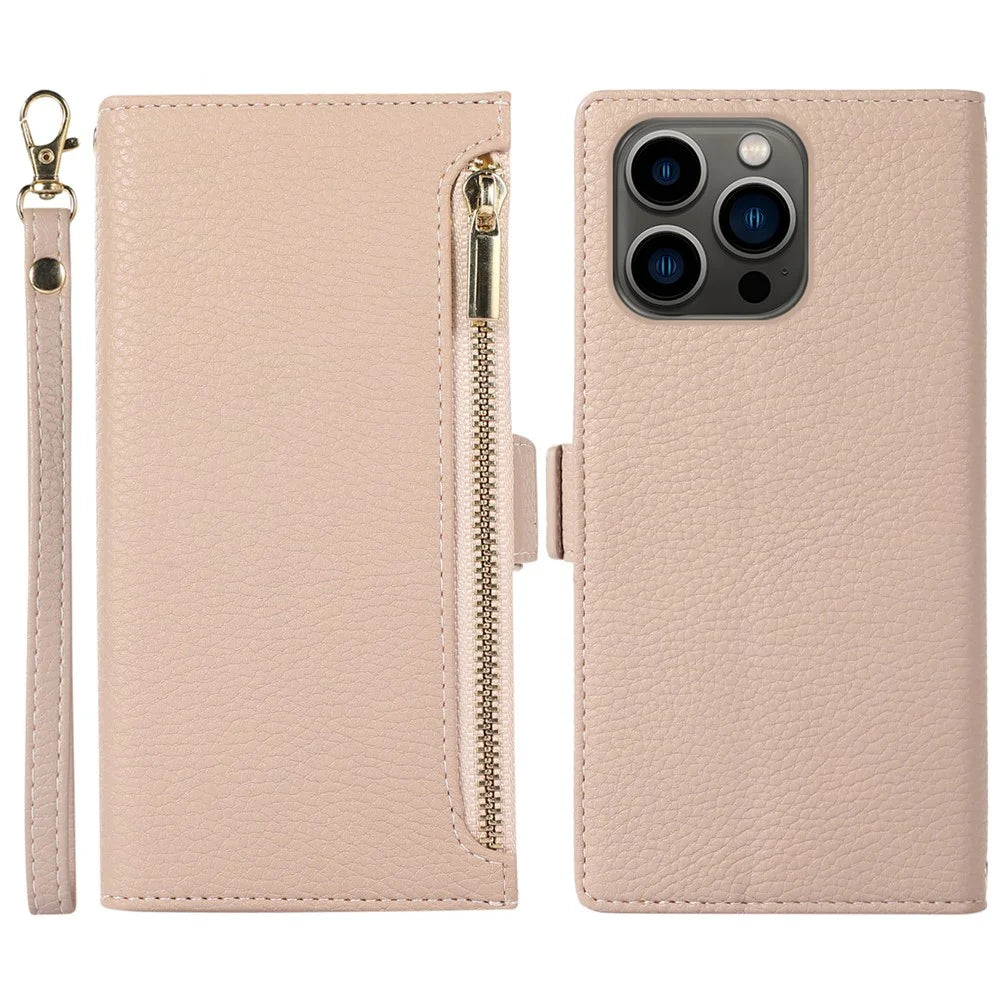 For iPhone 15 Pro Max Case Litchi Texture Zipper Pocket Leather Cover with Strap - Apricot - 1