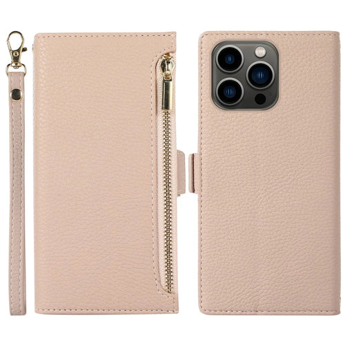 For iPhone 15 Pro Max Case Litchi Texture Zipper Pocket Leather Cover with Strap - Apricot - 1