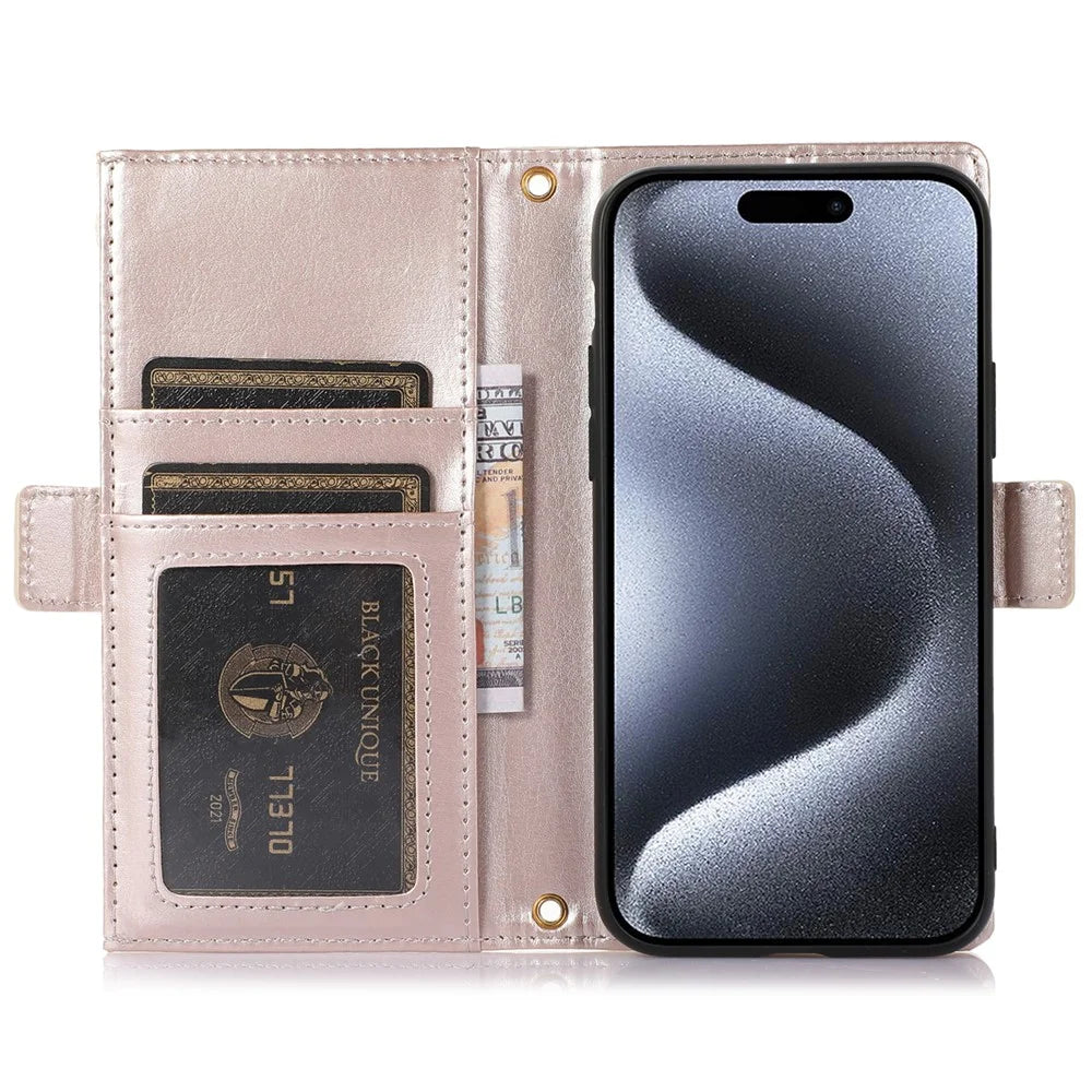 For iPhone 15 Pro Max Case Litchi Texture Zipper Pocket Leather Cover with Strap - Apricot - 2