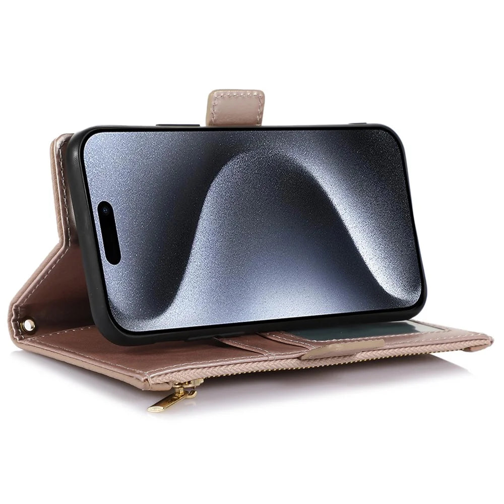 For iPhone 15 Pro Max Case Litchi Texture Zipper Pocket Leather Cover with Strap - Apricot - 3