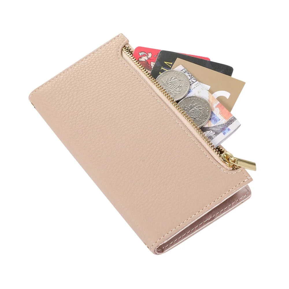 For iPhone 15 Pro Max Case Litchi Texture Zipper Pocket Leather Cover with Strap - Apricot - 4