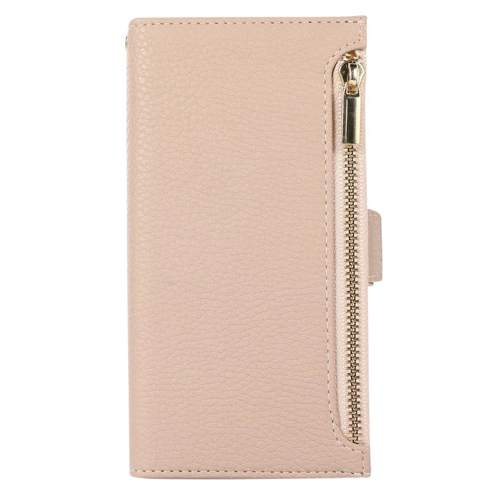 For iPhone 15 Pro Max Case Litchi Texture Zipper Pocket Leather Cover with Strap - Apricot - 6