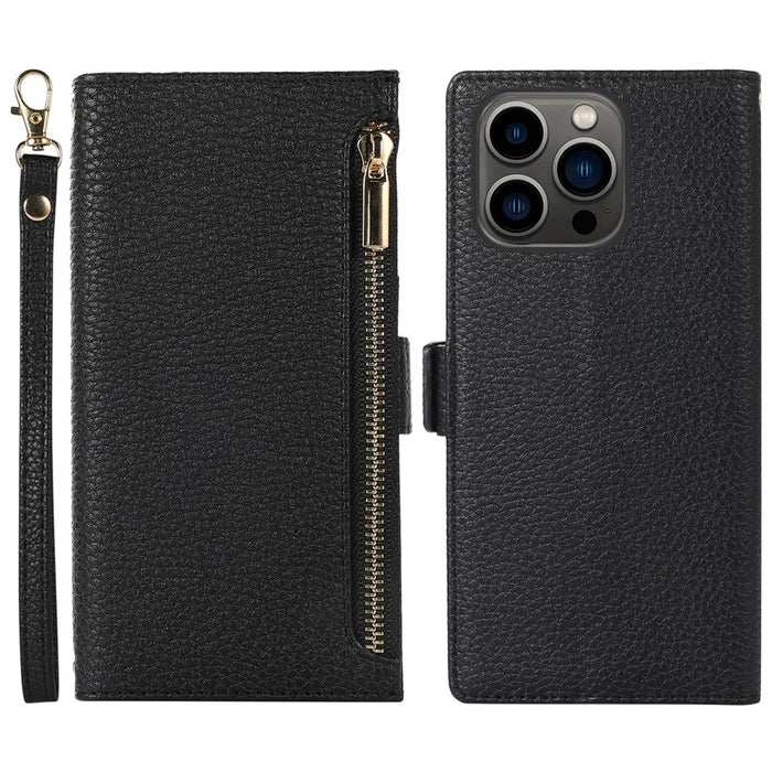 For iPhone 15 Pro Case Litchi Texture Zipper Pocket Anti-drop Leather Cover with Strap - Black - 1