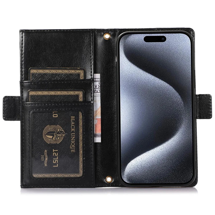For iPhone 15 Pro Case Litchi Texture Zipper Pocket Anti-drop Leather Cover with Strap - Black - 2