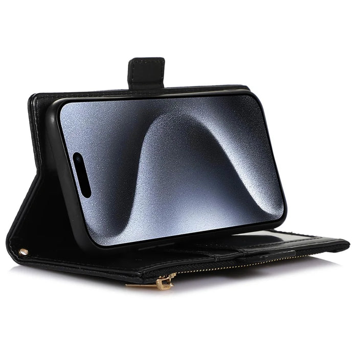 For iPhone 15 Pro Case Litchi Texture Zipper Pocket Anti-drop Leather Cover with Strap - Black - 3