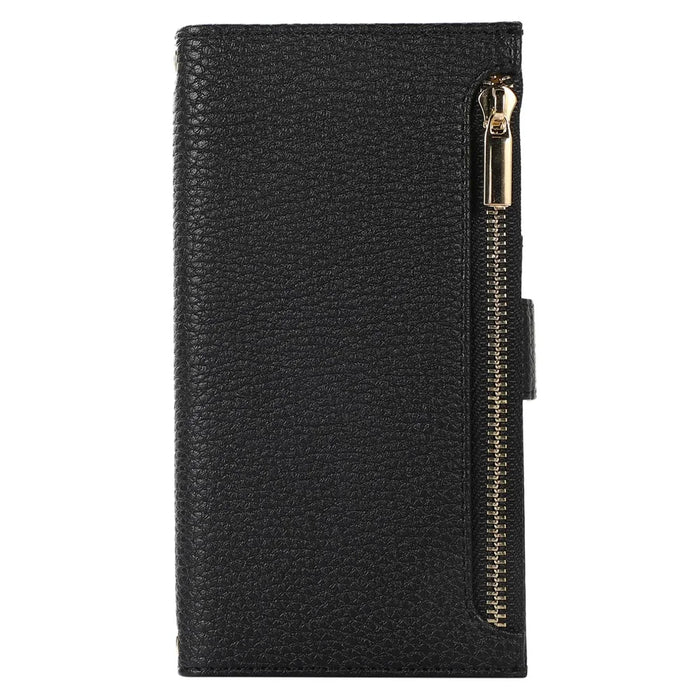 For iPhone 15 Pro Case Litchi Texture Zipper Pocket Anti-drop Leather Cover with Strap - Black - 6