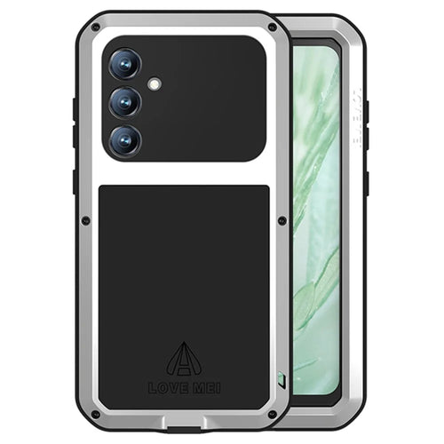LOVE MEI For Samsung Galaxy S23 FE Protective Case Metal+Silicone Cover with Tempered Glass Film - Silver - 1