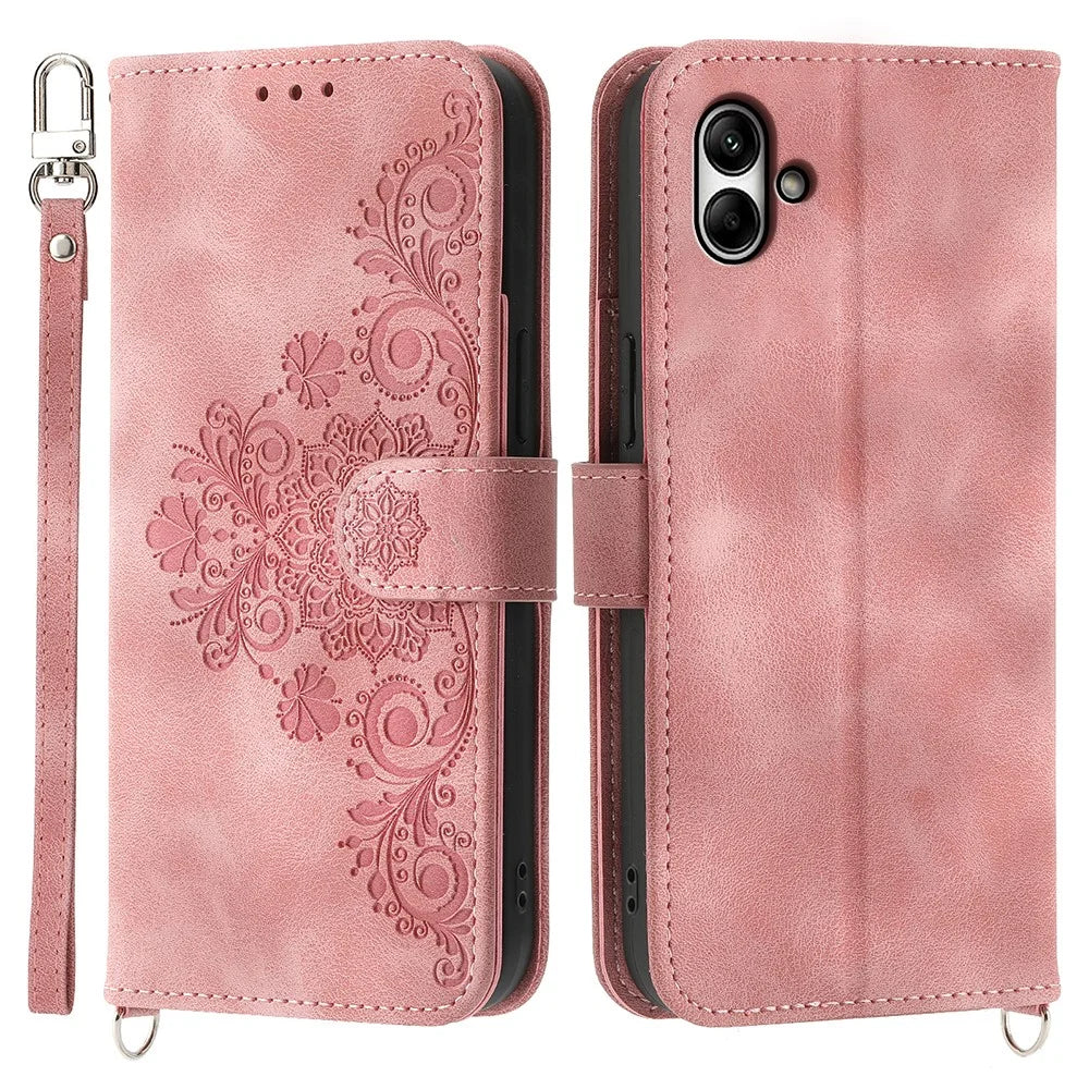 For Samsung Galaxy A05 4G Case PU Leather Flower Imprinted Phone Cover with 2 Straps - Pink - 1