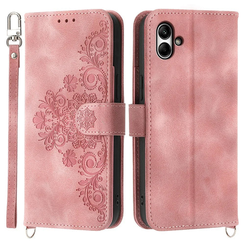 For Samsung Galaxy A05 4G Case PU Leather Flower Imprinted Phone Cover with 2 Straps - Pink - 1