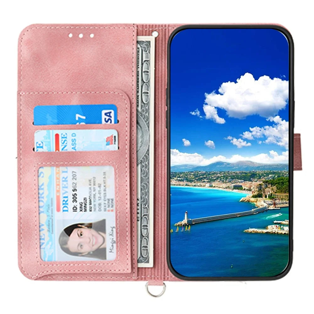For Samsung Galaxy A05 4G Case PU Leather Flower Imprinted Phone Cover with 2 Straps - Pink - 2
