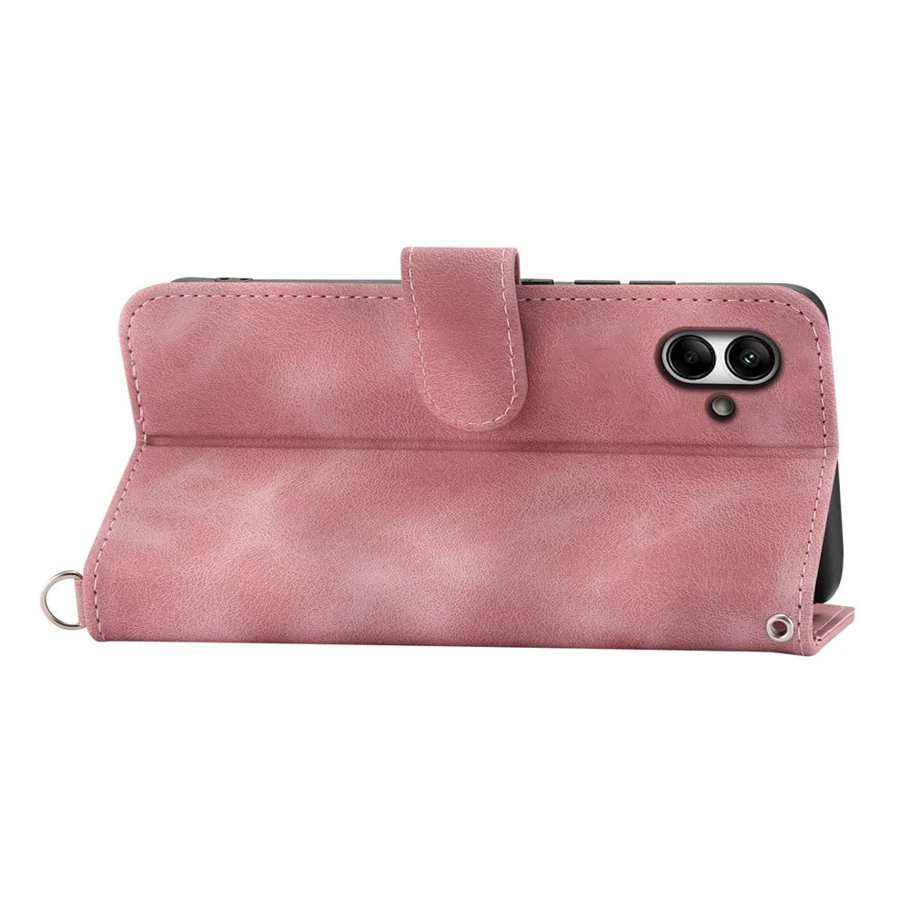 For Samsung Galaxy A05 4G Case PU Leather Flower Imprinted Phone Cover with 2 Straps - Pink - 3