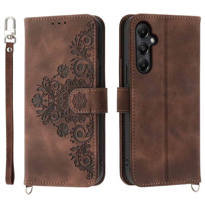 For Samsung Galaxy A05s 4G Leather Case Imprinted Stand Wallet Phone Cover with 2 Straps - Brown - 1