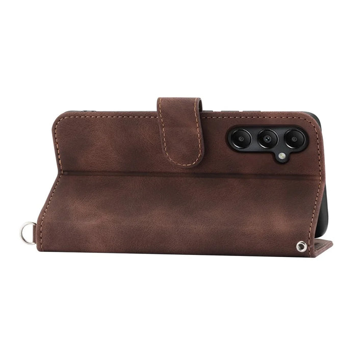 For Samsung Galaxy A05s 4G Leather Case Imprinted Stand Wallet Phone Cover with 2 Straps - Brown - 5