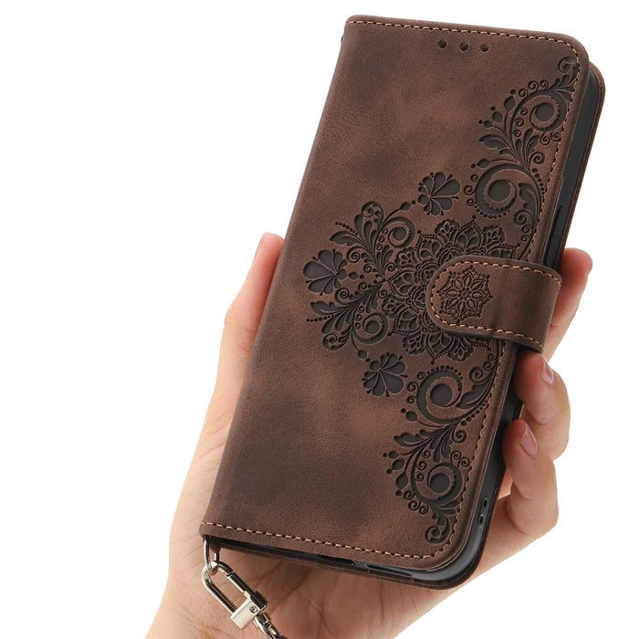 For Samsung Galaxy A05s 4G Leather Case Imprinted Stand Wallet Phone Cover with 2 Straps - Brown - 7