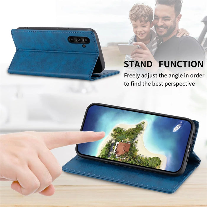 DF-05 Stand Cover for Samsung Galaxy A15 4G Case RFID Blocking Leather Phone Wallet Shell - Blue - 6