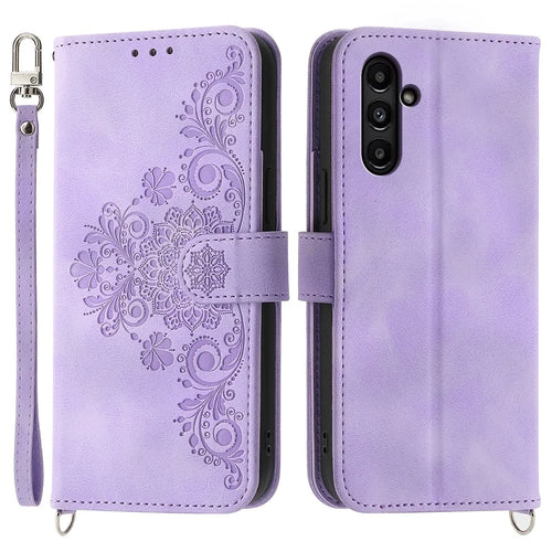 For Samsung Galaxy A15 4G Case Skin-touch Leather Phone Cover with Hand Strap + Shoulder Strap - Light Purple - 1