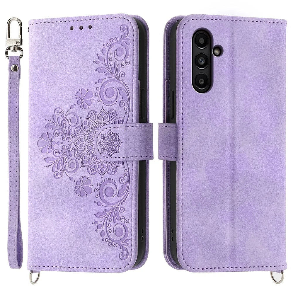 For Samsung Galaxy A15 4G Case Skin-touch Leather Phone Cover with Hand Strap + Shoulder Strap - Light Purple - 1