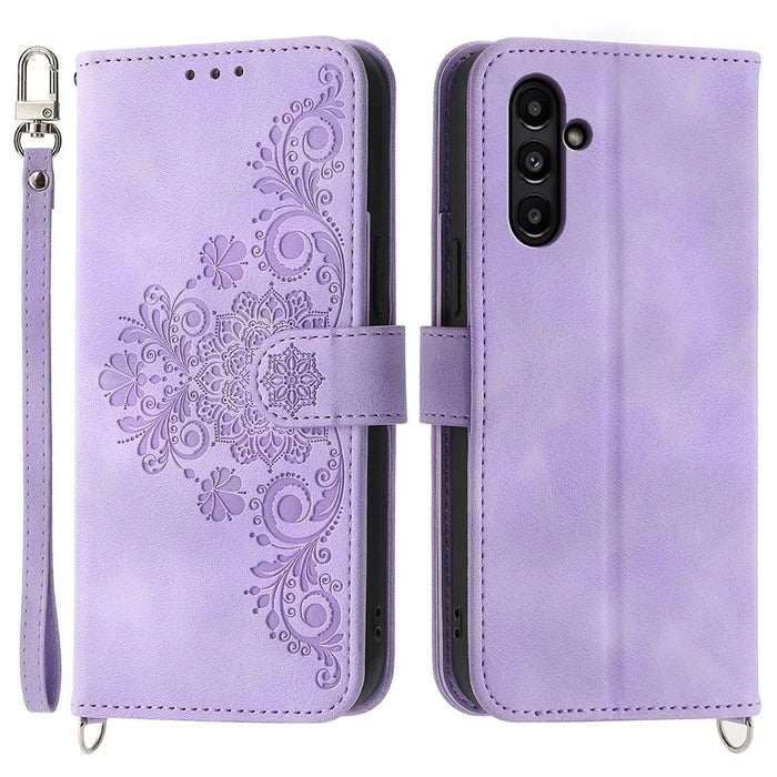 For Samsung Galaxy A15 4G Case Skin-touch Leather Phone Cover with Hand Strap + Shoulder Strap - Light Purple - 1
