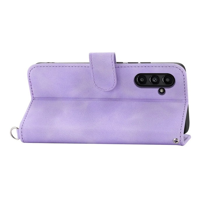 For Samsung Galaxy A15 4G Case Skin-touch Leather Phone Cover with Hand Strap + Shoulder Strap - Light Purple - 3