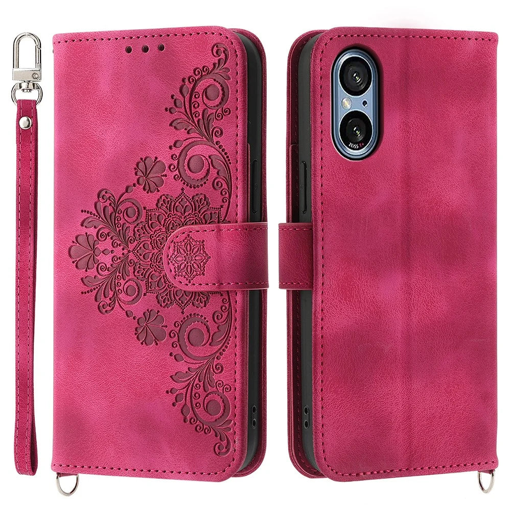 For Sony Xperia 5 V Case Imprinted Anti-drop Leather Phone Cover with Hand Strap + Shoulder Strap - Wine Red - 1