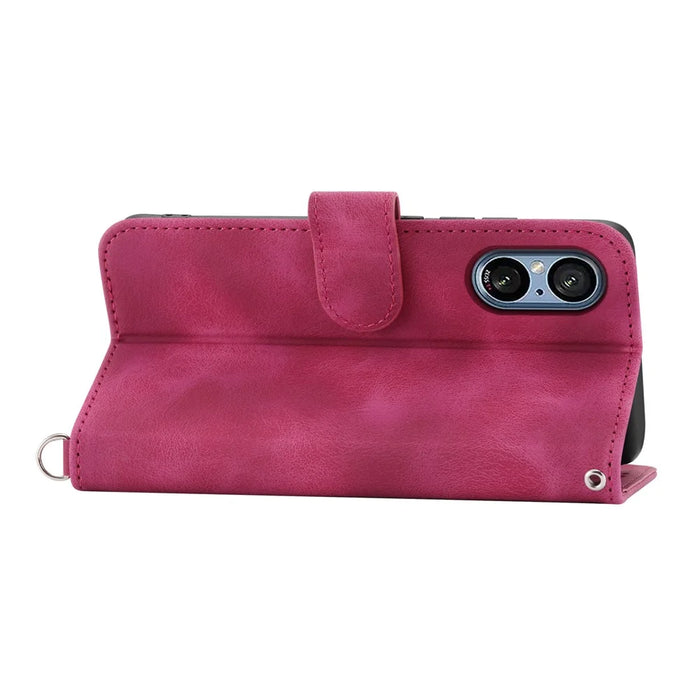 For Sony Xperia 5 V Case Imprinted Anti-drop Leather Phone Cover with Hand Strap + Shoulder Strap - Wine Red - 3