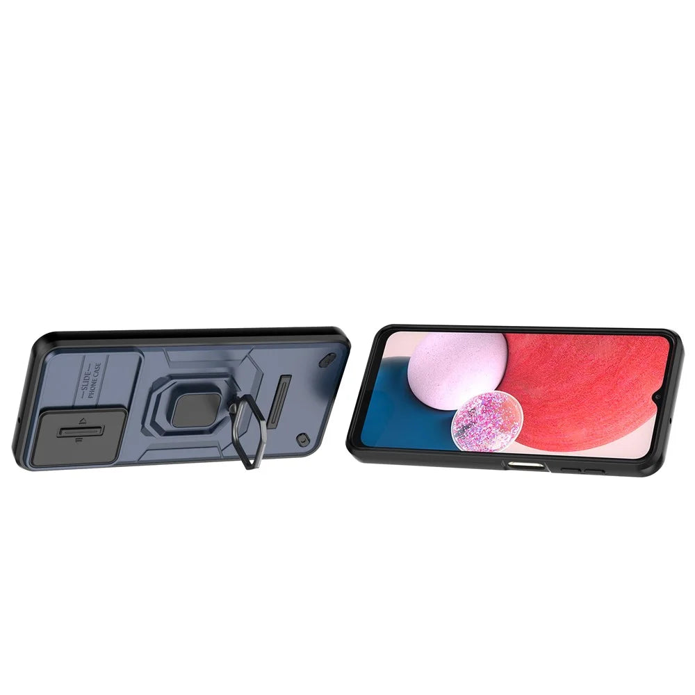 For Samsung Galaxy A13 4G / 5G Case PC+TPU Kickstand Phone Cover with Slide Camera Lid - Blue - 3