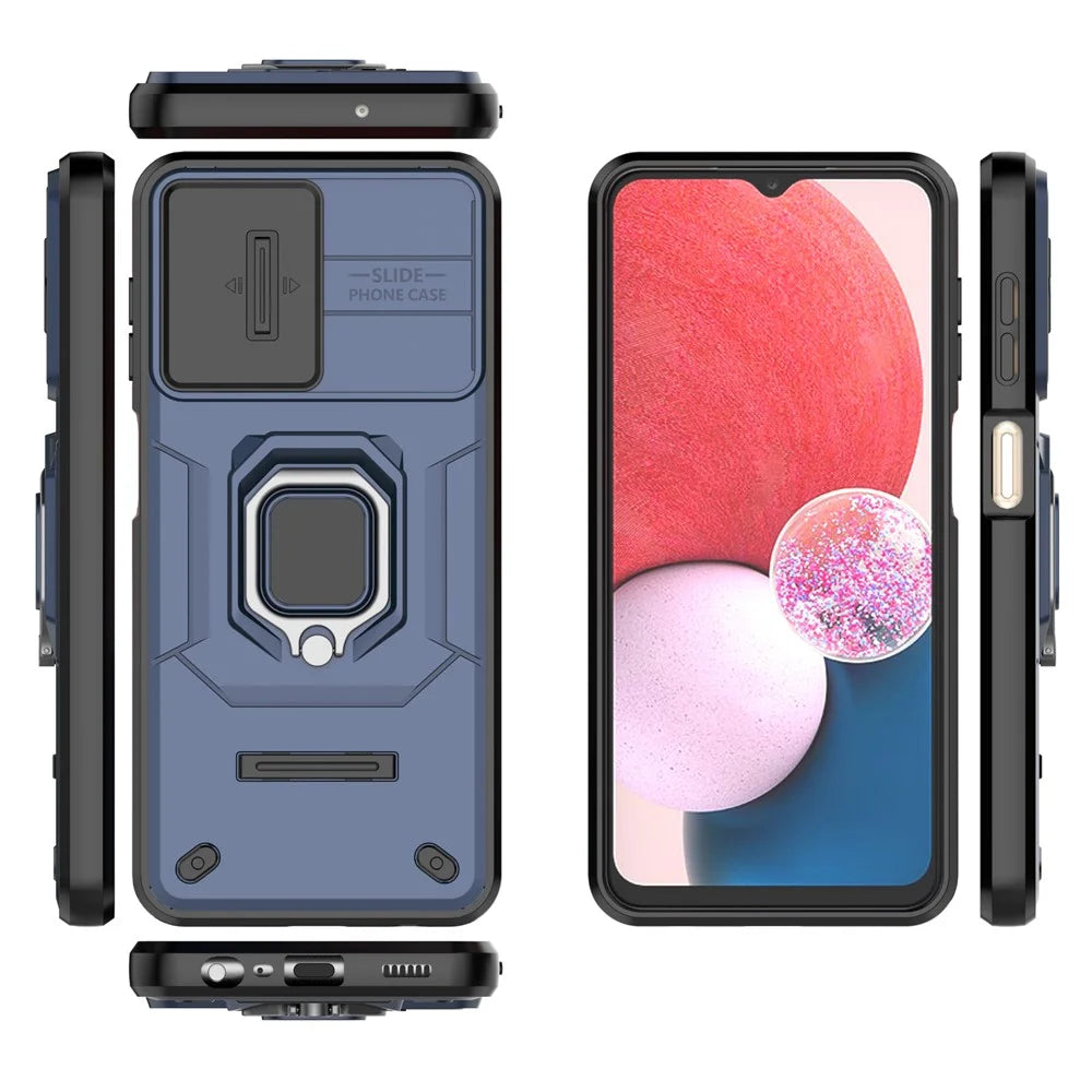 For Samsung Galaxy A13 4G / 5G Case PC+TPU Kickstand Phone Cover with Slide Camera Lid - Blue - 6