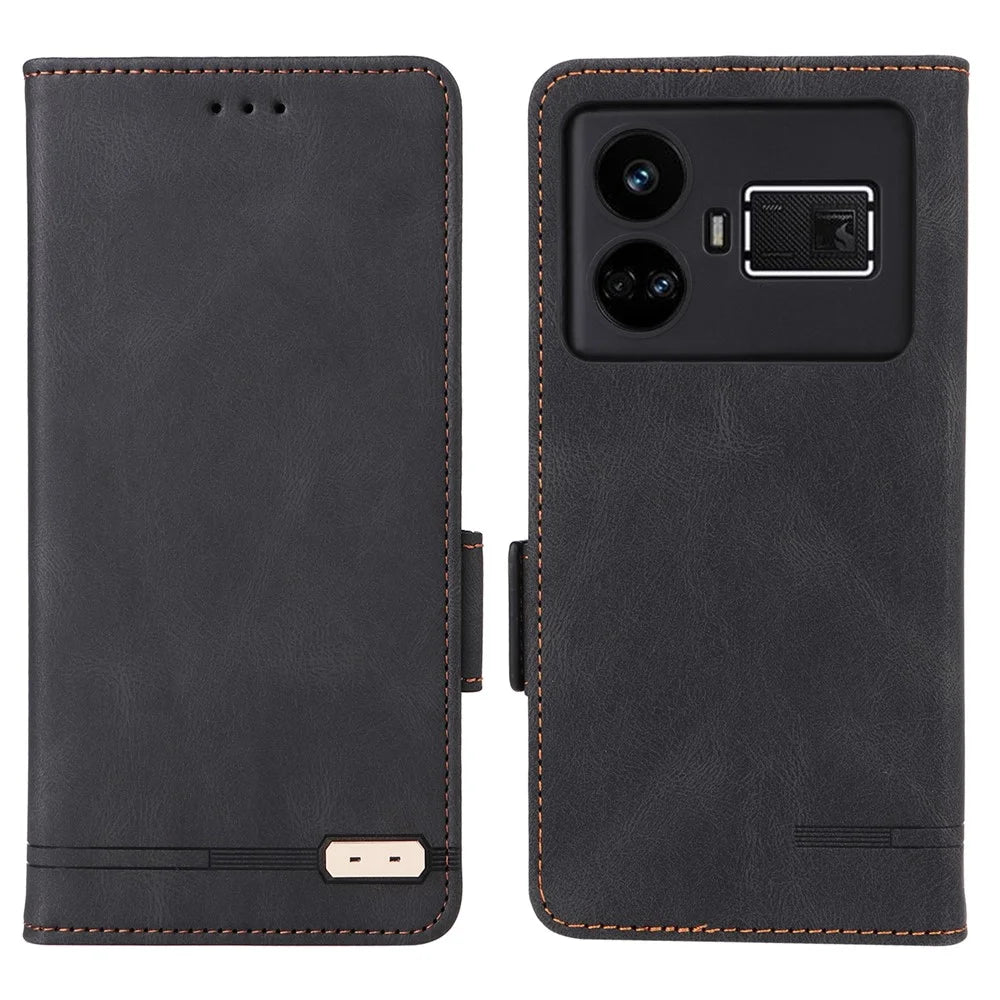 For Realme GT5 5G Case Shockproof PU Leather Wallet Stand Mobile Phone Cover - Black - 1
