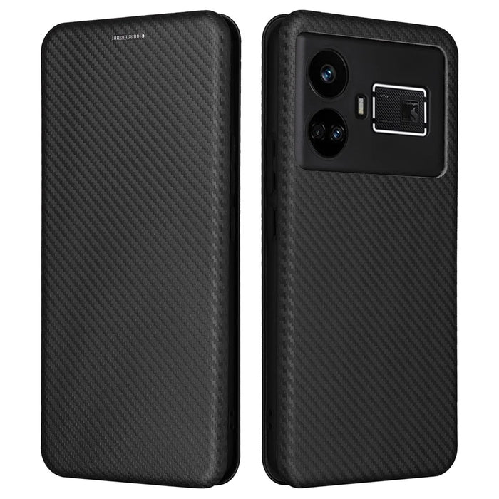 For Realme GT5 5G Case Shockproof Cell Phone Cover Leather Stand Shell with Card Slot - Black - 1