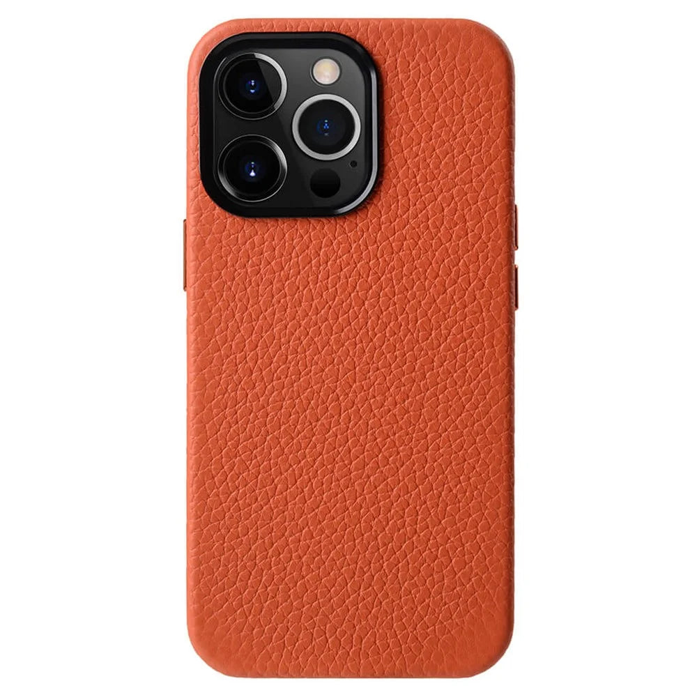 MELKCO For iPhone 15 Pro Max Case Anti-scratch Genuine Cow Leather+PC Magnetic Phone Cover - Orange - 1