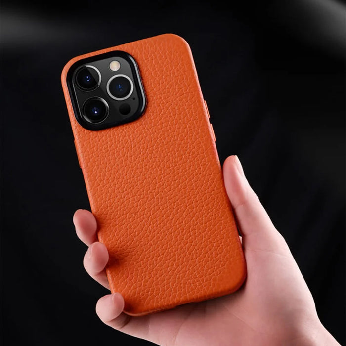 MELKCO For iPhone 15 Pro Max Case Anti-scratch Genuine Cow Leather+PC Magnetic Phone Cover - Orange - 2