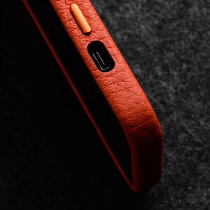 MELKCO For iPhone 15 Pro Max Case Anti-scratch Genuine Cow Leather+PC Magnetic Phone Cover - Orange - 4