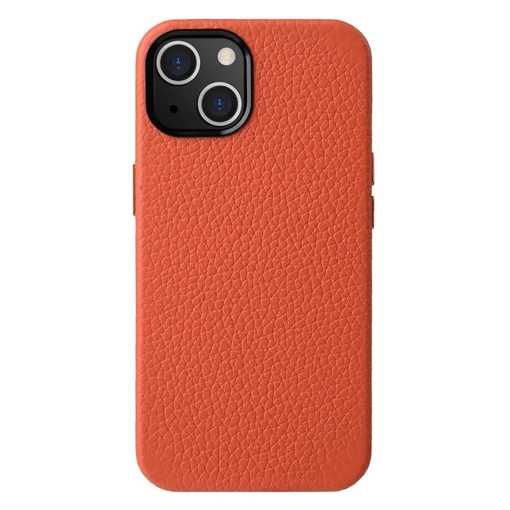MELKCO For iPhone 14 Plus Case Magnetic Genuine Cow Leather+PC Anti-drop Phone Cover - Orange - 1