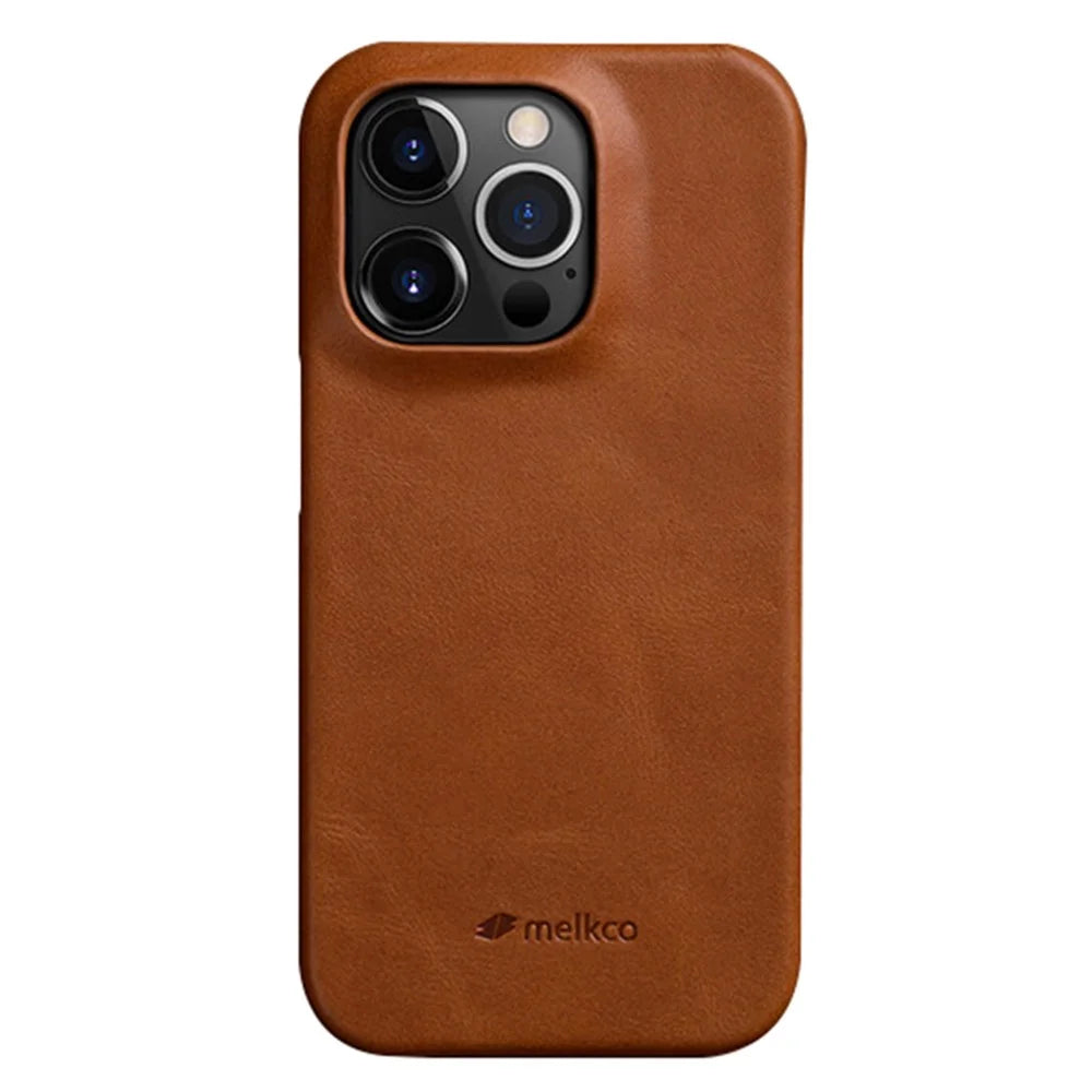 MELKCO For iPhone 15 Pro Case Genuine Cow Leather Coated PC Incomplete Waxy Phone Cover - Brown - 1