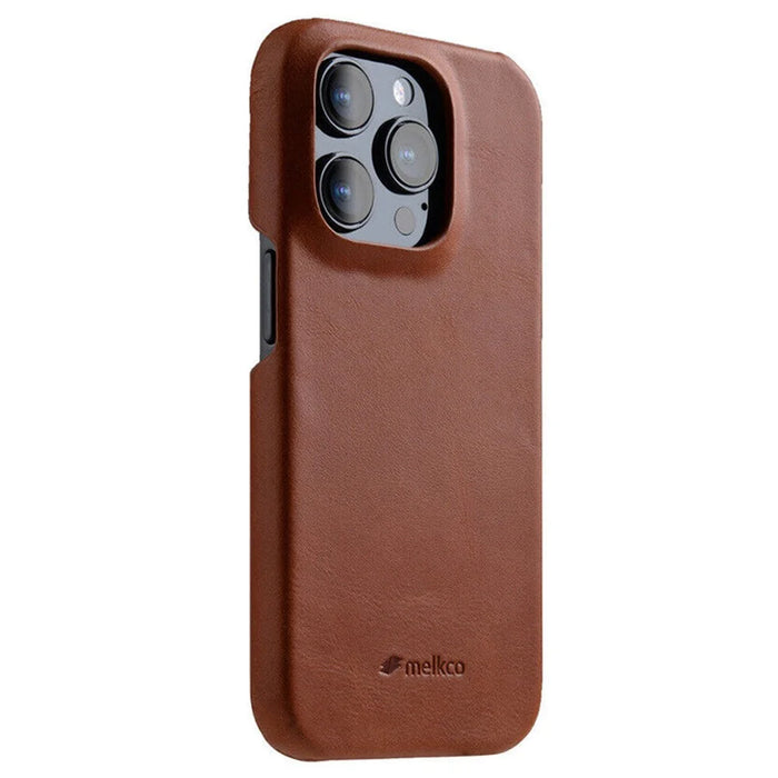 MELKCO For iPhone 15 Pro Case Genuine Cow Leather Coated PC Incomplete Waxy Phone Cover - Brown - 2