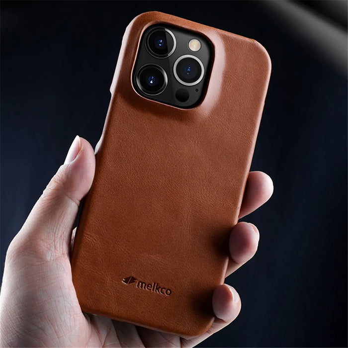 MELKCO For iPhone 15 Pro Case Genuine Cow Leather Coated PC Incomplete Waxy Phone Cover - Brown - 6
