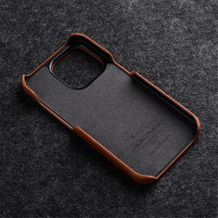 MELKCO For iPhone 15 Pro Max Case Waxy Genuine Cow Leather+PC Incomplete Phone Cover - Brown - 5
