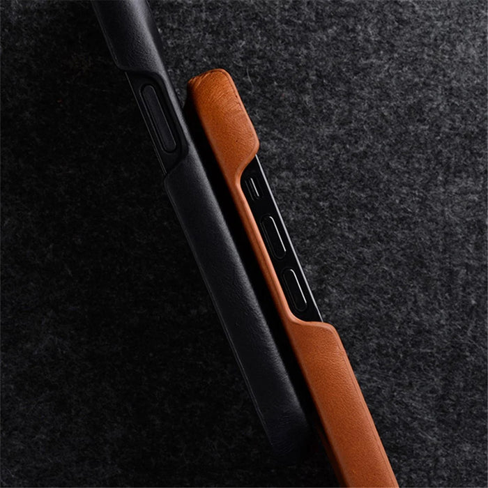MELKCO For iPhone 15 Pro Max Case Waxy Genuine Cow Leather+PC Incomplete Phone Cover - Brown - 7