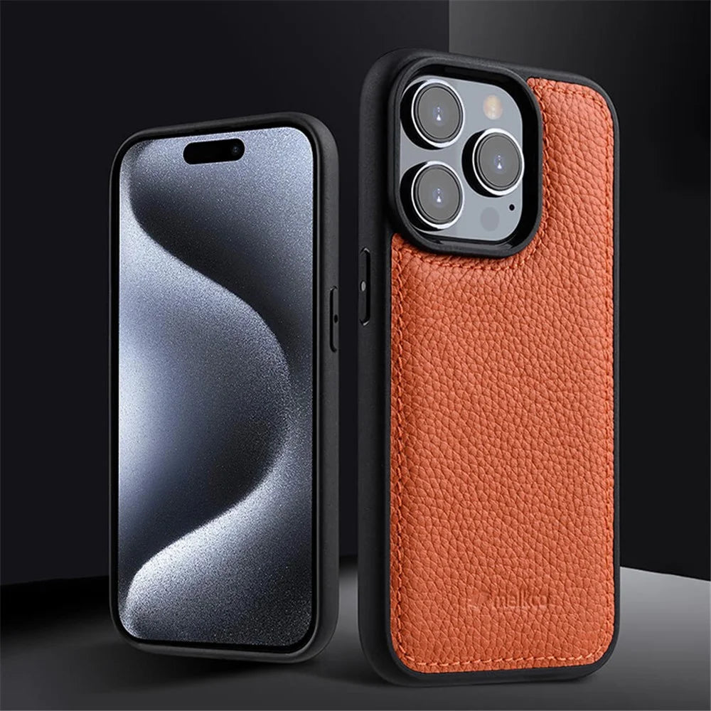 MELKCO For iPhone 15 Pro Max Case Genuine Cow Leather Coated PC Phone Cover - Orange - 2