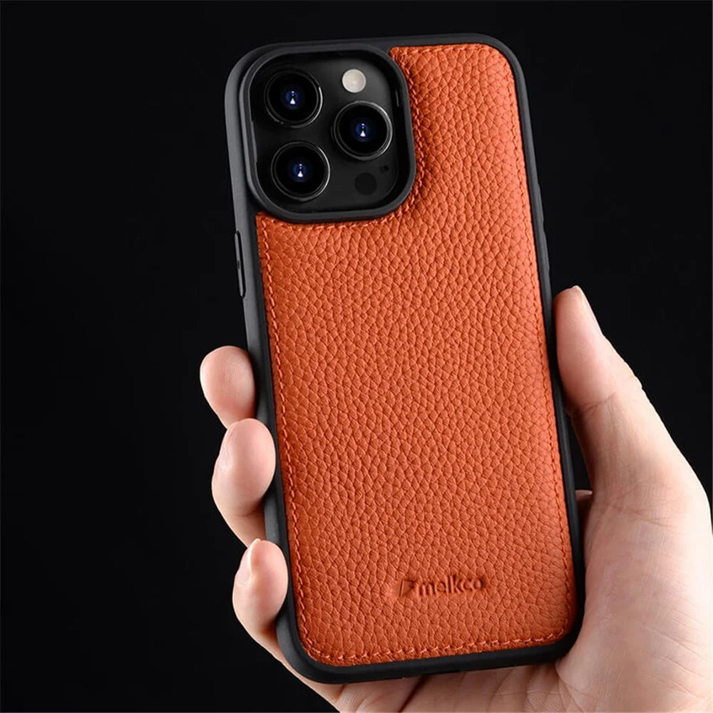 MELKCO For iPhone 15 Pro Max Case Genuine Cow Leather Coated PC Phone Cover - Orange - 3
