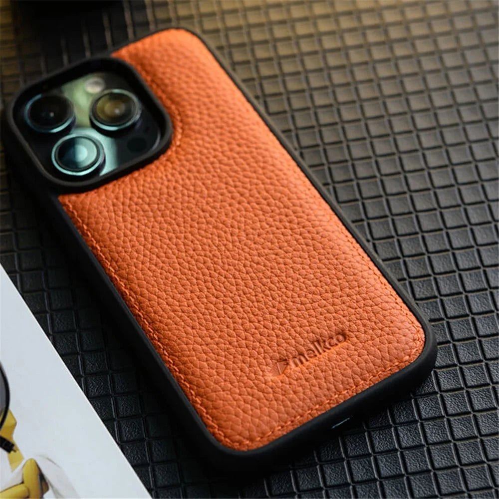 MELKCO For iPhone 15 Pro Max Case Genuine Cow Leather Coated PC Phone Cover - Orange - 4