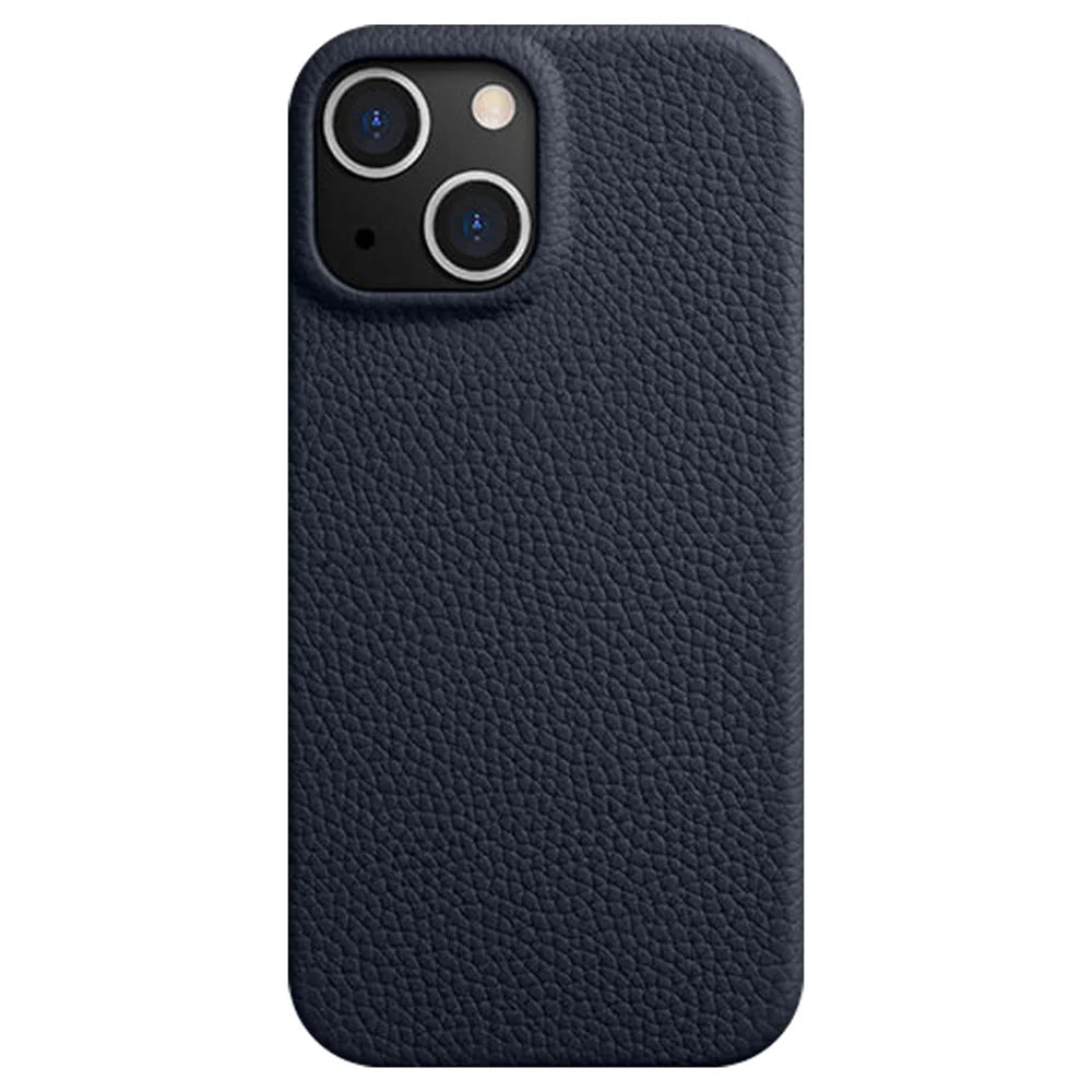 MELKCO For iPhone 15 Plus Case Genuine Cow Leather Coated PC Magnetic Phone Cover - Dark Blue - 1
