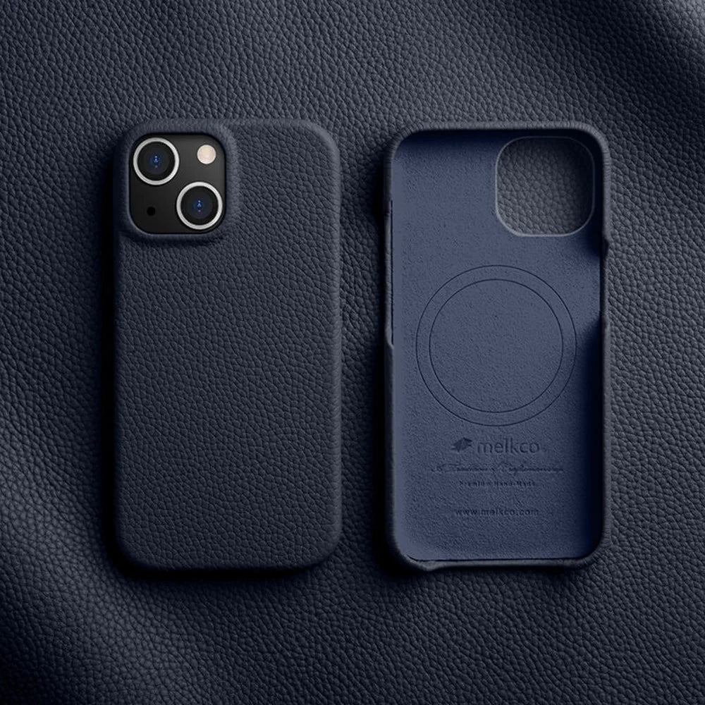 MELKCO For iPhone 15 Plus Case Genuine Cow Leather Coated PC Magnetic Phone Cover - Dark Blue - 2