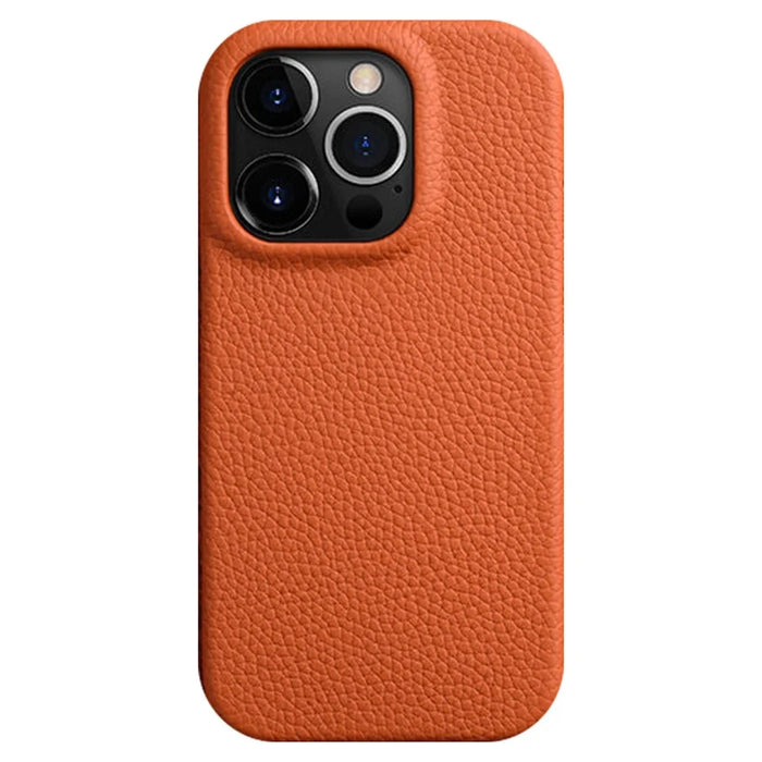 MELKCO For iPhone 15 Pro Case Anti-scratch Genuine Cow Leather+PC Magnetic Phone Cover - Orange - 1
