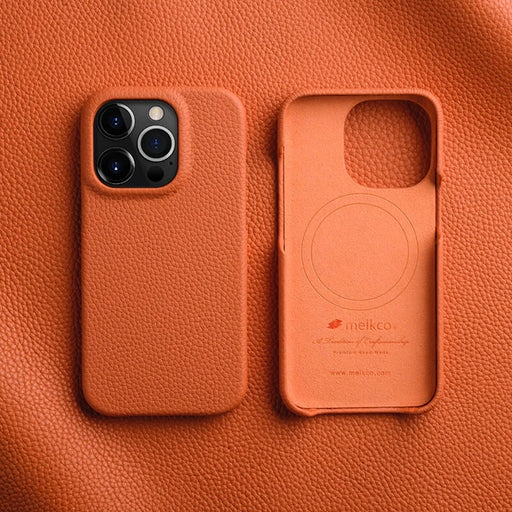 MELKCO For iPhone 15 Pro Case Anti-scratch Genuine Cow Leather+PC Magnetic Phone Cover - Orange - 2