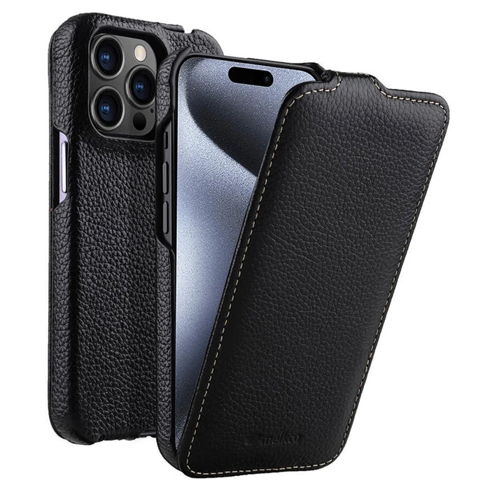 MELKCO For iPhone 15 Pro Max Case Litchi Texture Genuine Cow Leather+PC Vertical Flip Cover - Black - 1